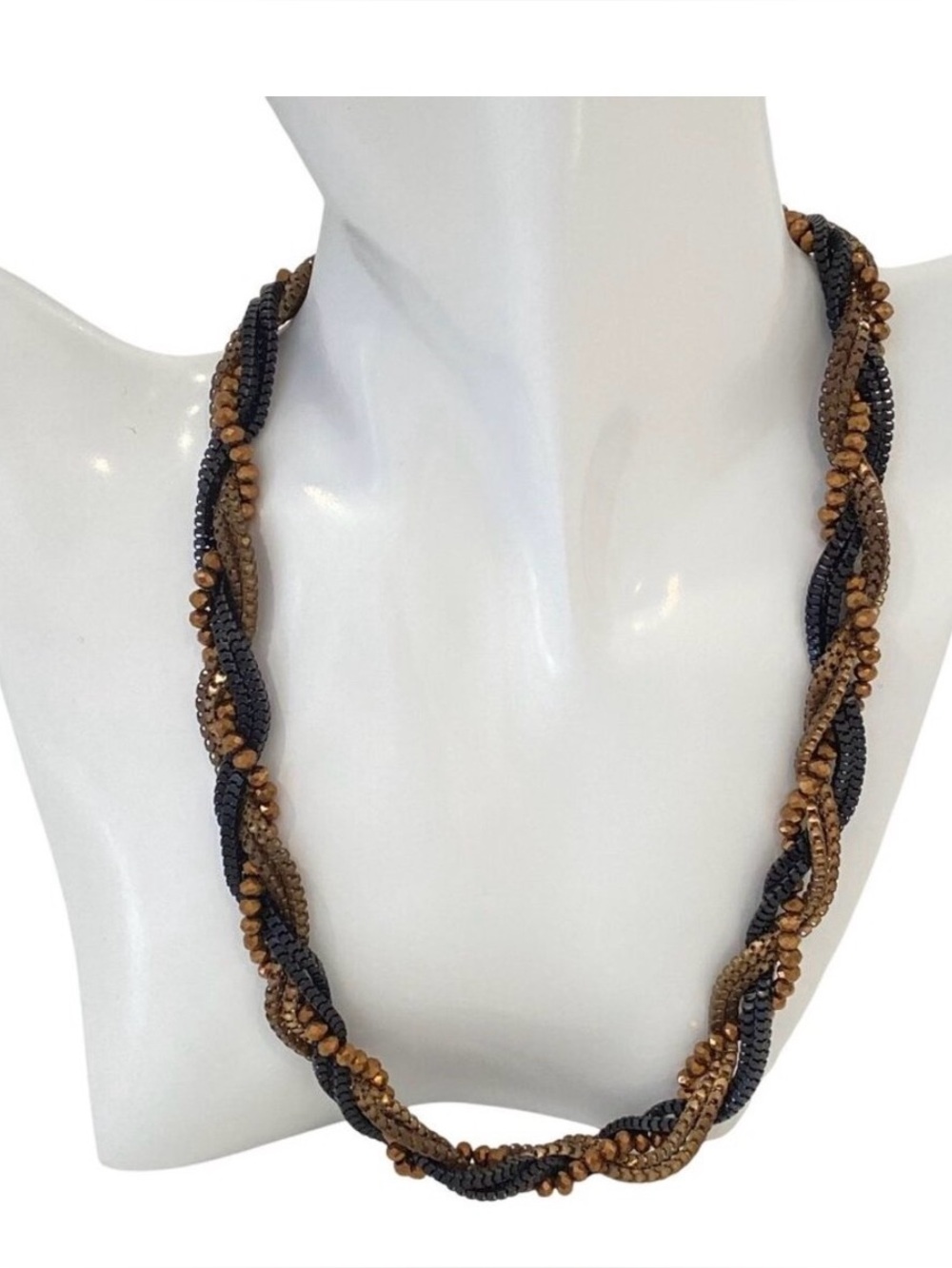 Braided Black & Bronze Multi-Strand Necklace With Textured Beads & Adjustable Ch